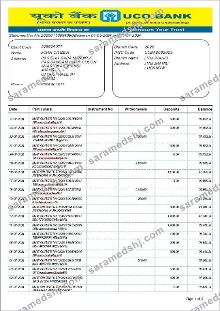 INDIA UCO bank statement template, Word and PDF format, version 2